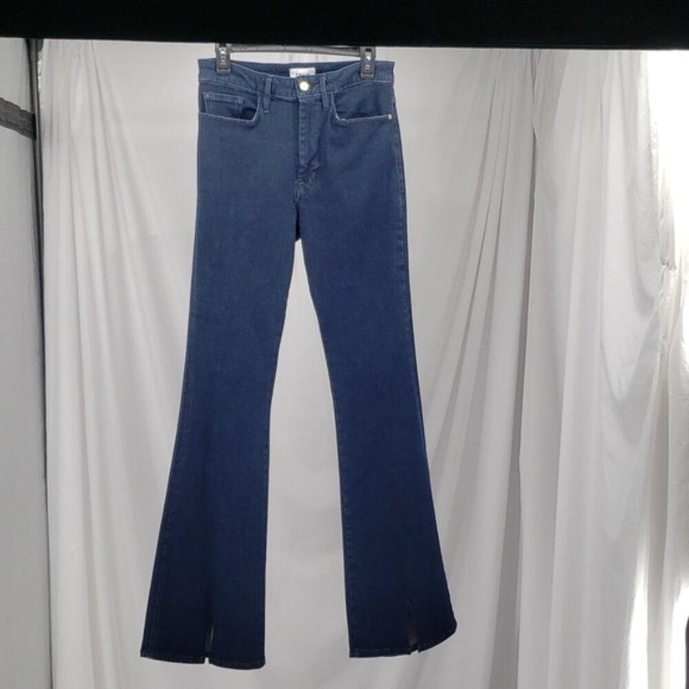FRAME Women Le One Flare Jeans Keller Blue Stretch Denim Mid Rise Split 2 - Picture 1 of 14